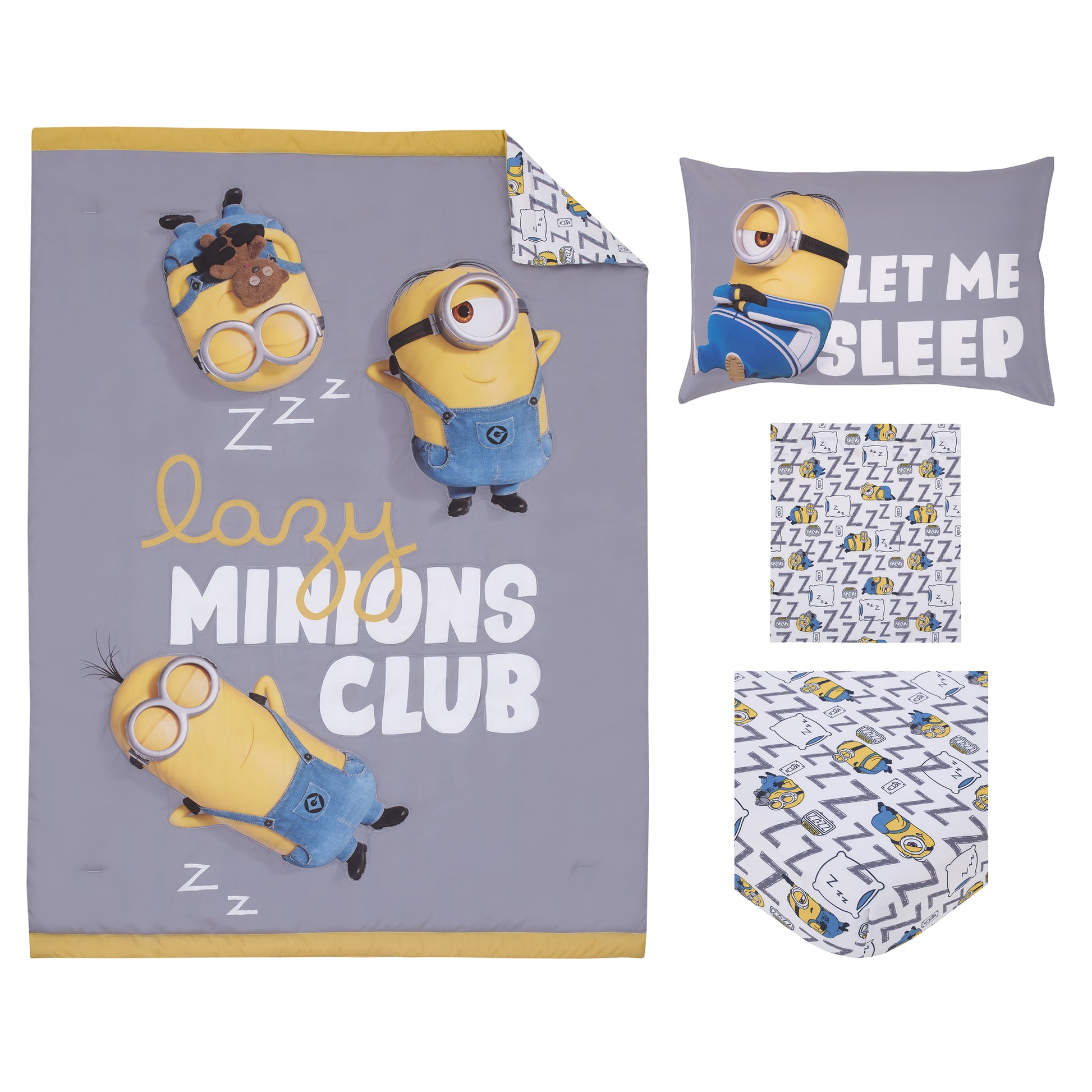 Illumination Lazy Minions Club Gray, Blue, Yellow, and White Let Me Sleep 4 Piece Toddler Bed Set - Comforter, Fitted Bottom Sheet, Flat Top Sheet, and Reversible Pillowcase