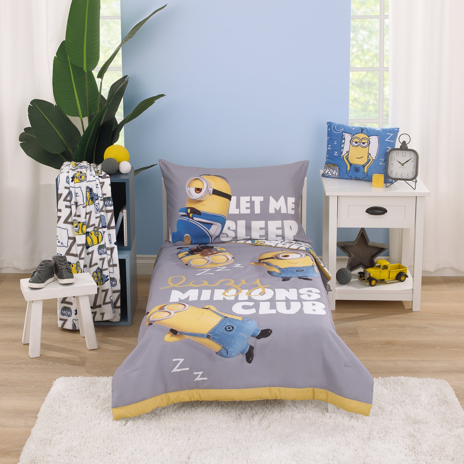 Illumination Lazy Minions Club Gray, Blue, Yellow, and White Let Me Sleep 4 Piece Toddler Bed Set - Comforter, Fitted Bottom Sheet, Flat Top Sheet, and Reversible Pillowcase