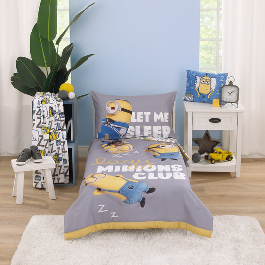 Illumination Lazy Minions Club Gray, Blue, Yellow, and White Let Me Sleep 4 Piece Toddler Bed Set - Comforter, Fitted Bottom Sheet, Flat Top Sheet, and Reversible Pillowcase