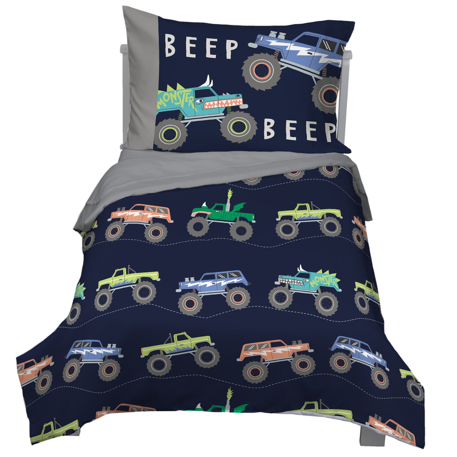 Carter's Monster Truck 4 Piece Toddler Bed Set - Comforter, Fitted Bottom Sheet, Flat Top Sheet, Standard Pillowcase, Navy and Grey