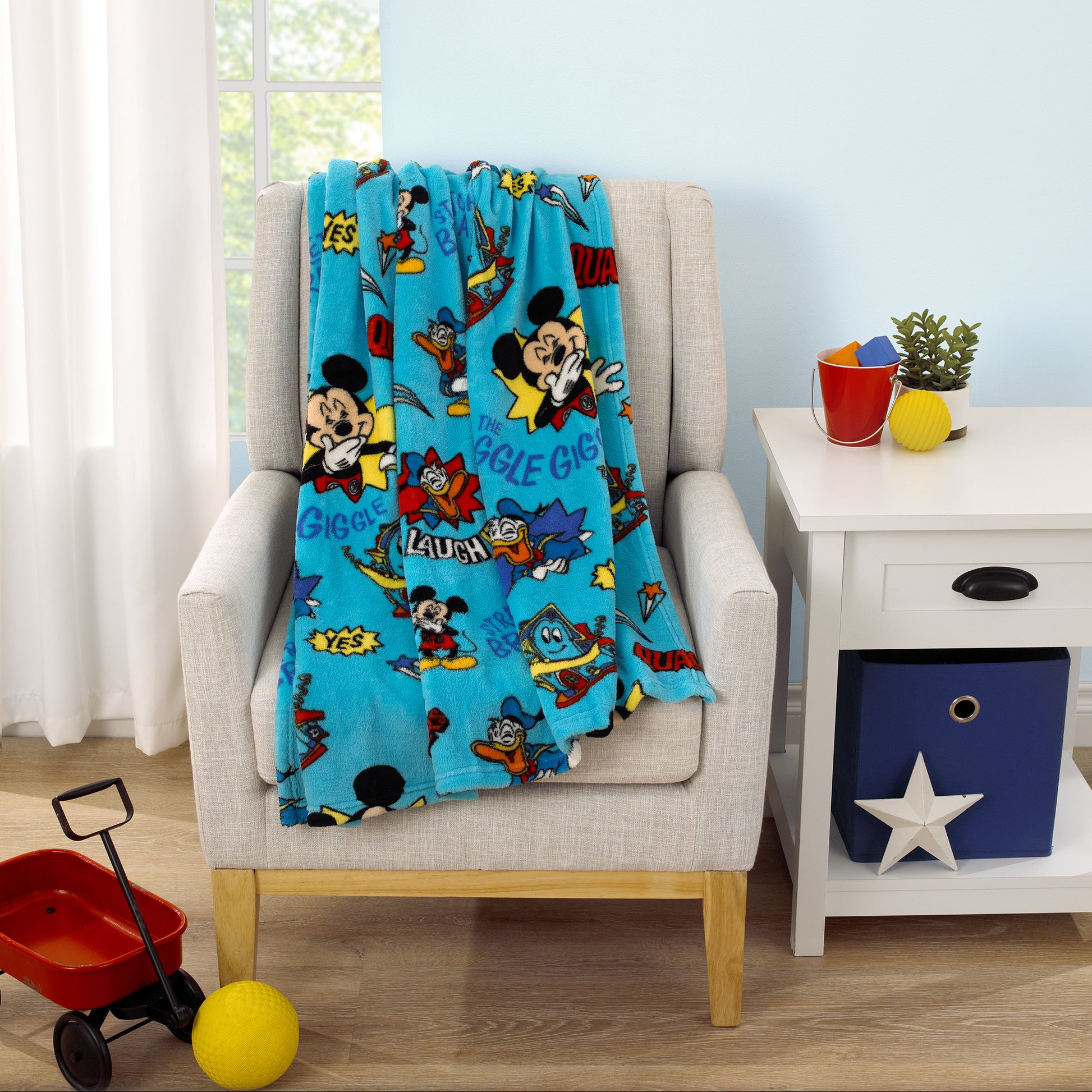 Disney Mickey Mouse Funhouse Crew Blue, Red and Yellow, Funny, and Donald Duck "Laugh It Up" Super Soft Toddler Blanket