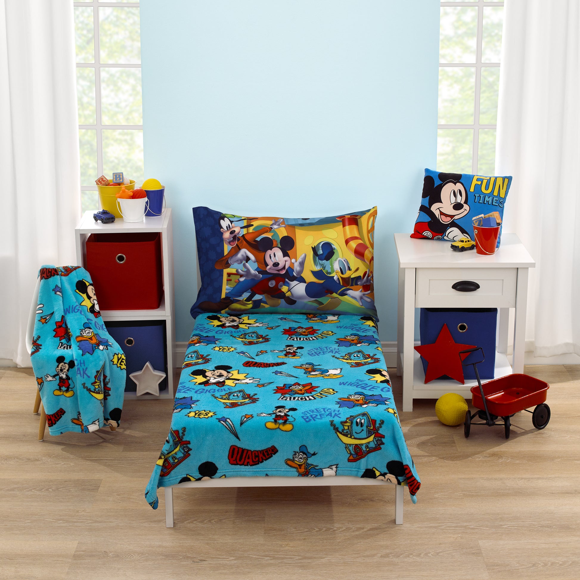 Disney Mickey Mouse Funhouse Crew Blue, Red and Yellow, Funny, and Donald Duck "Laugh It Up" Super Soft Toddler Blanket
