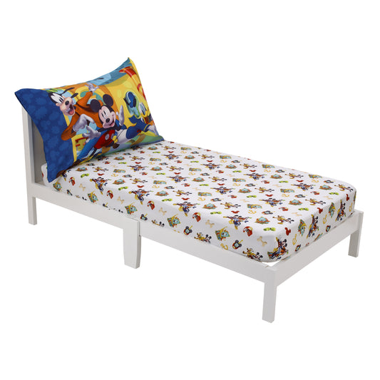Disney Mickey Mouse Funhouse Crew Blue, Red, Yellow, and White, Funny, Donald Duck, Goofy and Pluto 2 Piece Toddler Sheet Set - Fitted Bottom Sheet and Reversible Pillowcase