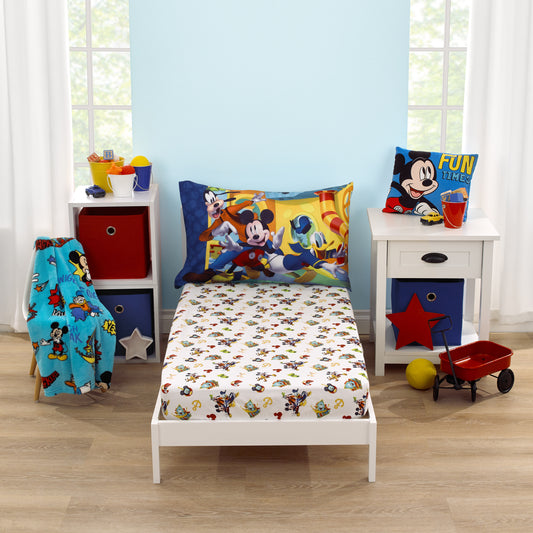 Disney Mickey Mouse Funhouse Crew Blue, Red, Yellow, and White, Funny, Donald Duck, Goofy and Pluto 2 Piece Toddler Sheet Set - Fitted Bottom Sheet and Reversible Pillowcase