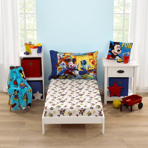 Disney Mickey Mouse Funhouse Crew Blue, Red, Yellow, and White, Funny, Donald Duck, Goofy and Pluto 2 Piece Toddler Sheet Set - Fitted Bottom Sheet and Reversible Pillowcase