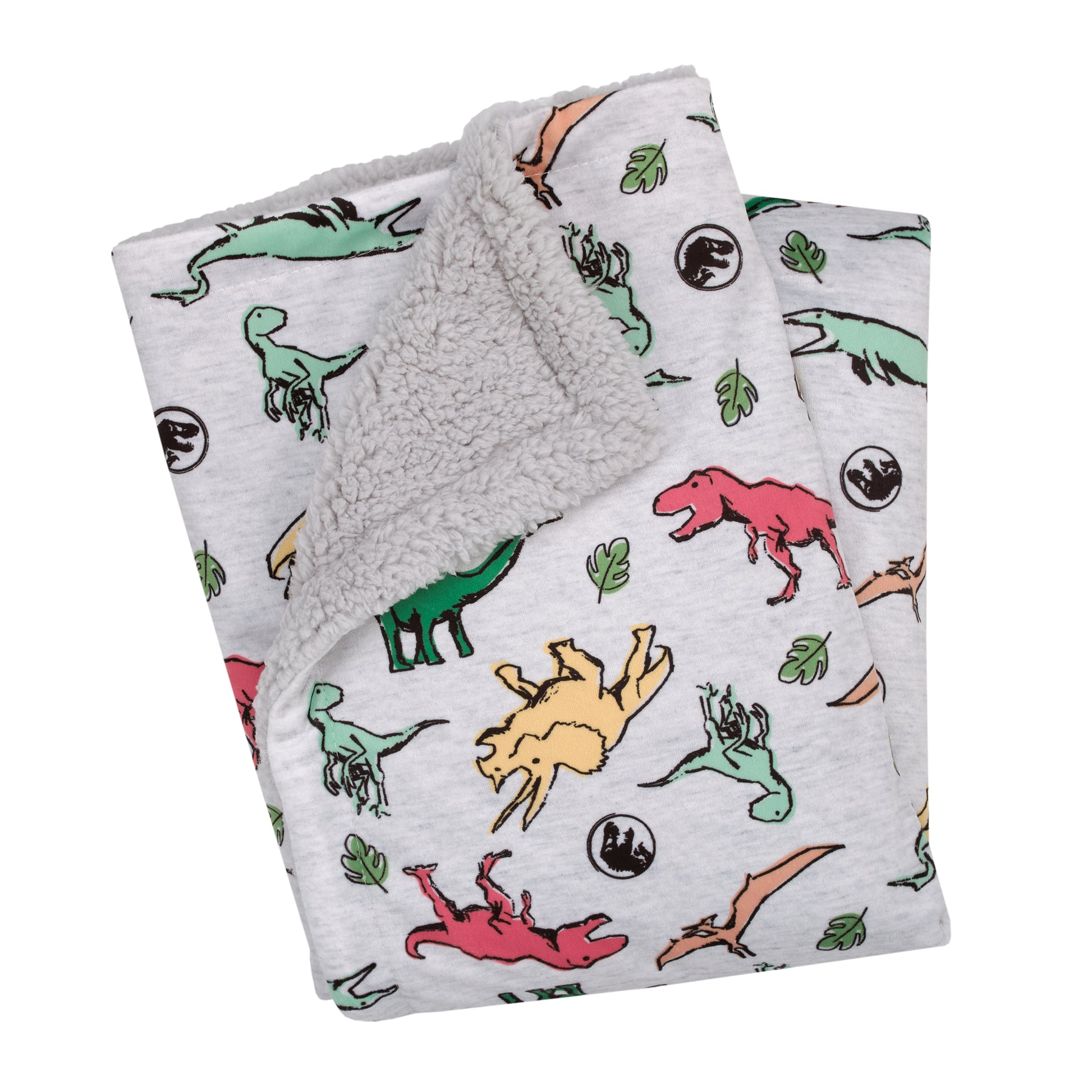 Welcome to the Universe Baby Jurassic World Grey, Green, Orange and Yellow Dinosaur Super Soft Sherpa Baby Blanket
