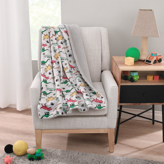 Welcome to the Universe Baby Jurassic World Grey, Green, Orange and Yellow Dinosaur Super Soft Sherpa Baby Blanket
