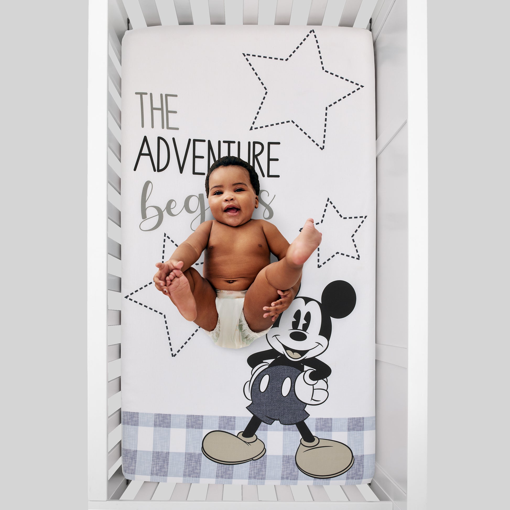 Disney Mickey Mouse - Call Me Mickey White and Blue The Adventure Begins Stars and Gingham 100% Cotton Photo Op Nursery Fitted Crib Sheet