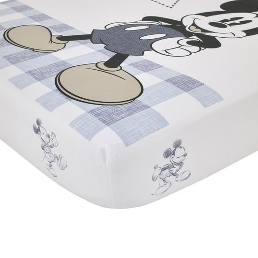 Disney Mickey Mouse - Call Me Mickey White and Blue The Adventure Begins Stars and Gingham 100% Cotton Photo Op Nursery Fitted Crib Sheet