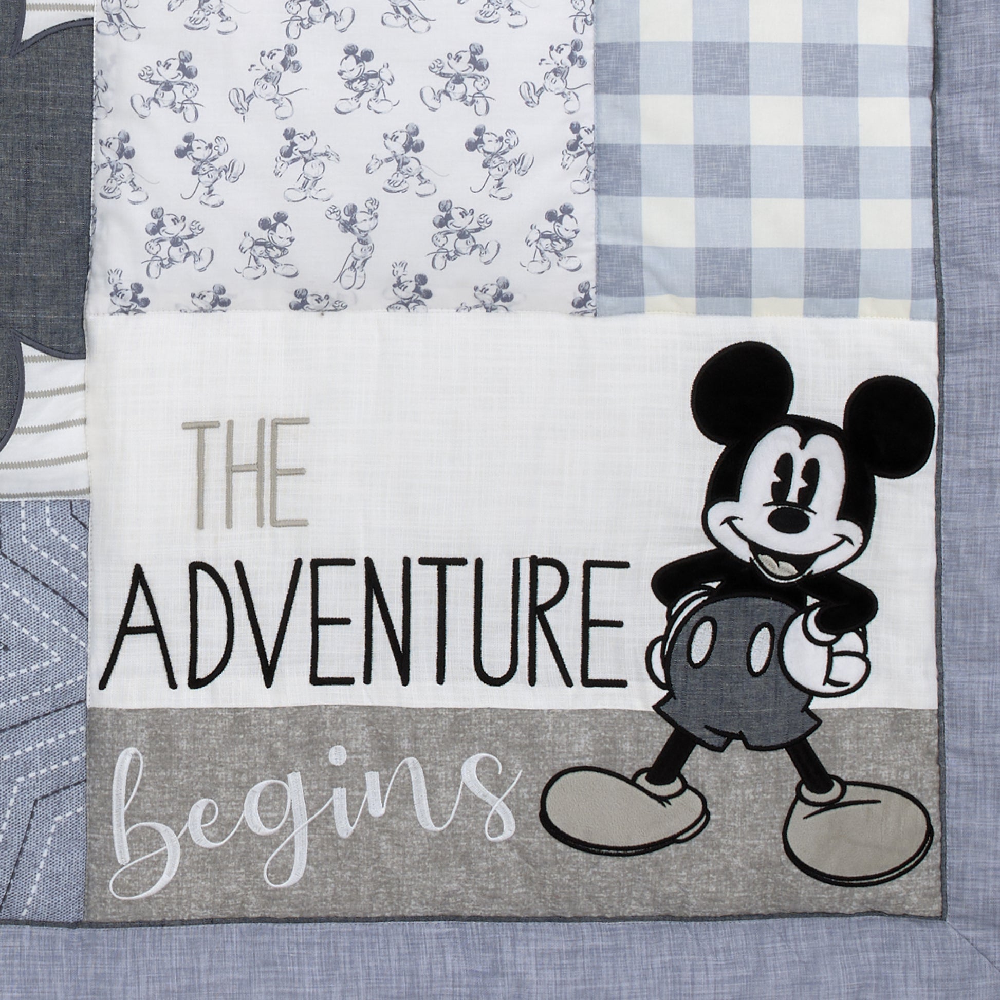 Disney Mickey Mouse - Call Me Mickey Blue, White, and Gray The Adventure Begins Stars and Gingham 3 Piece Nursery Crib Bedding Set - Comforter, 100% Cotton Fitted Crib Sheet, and Crib Skirt