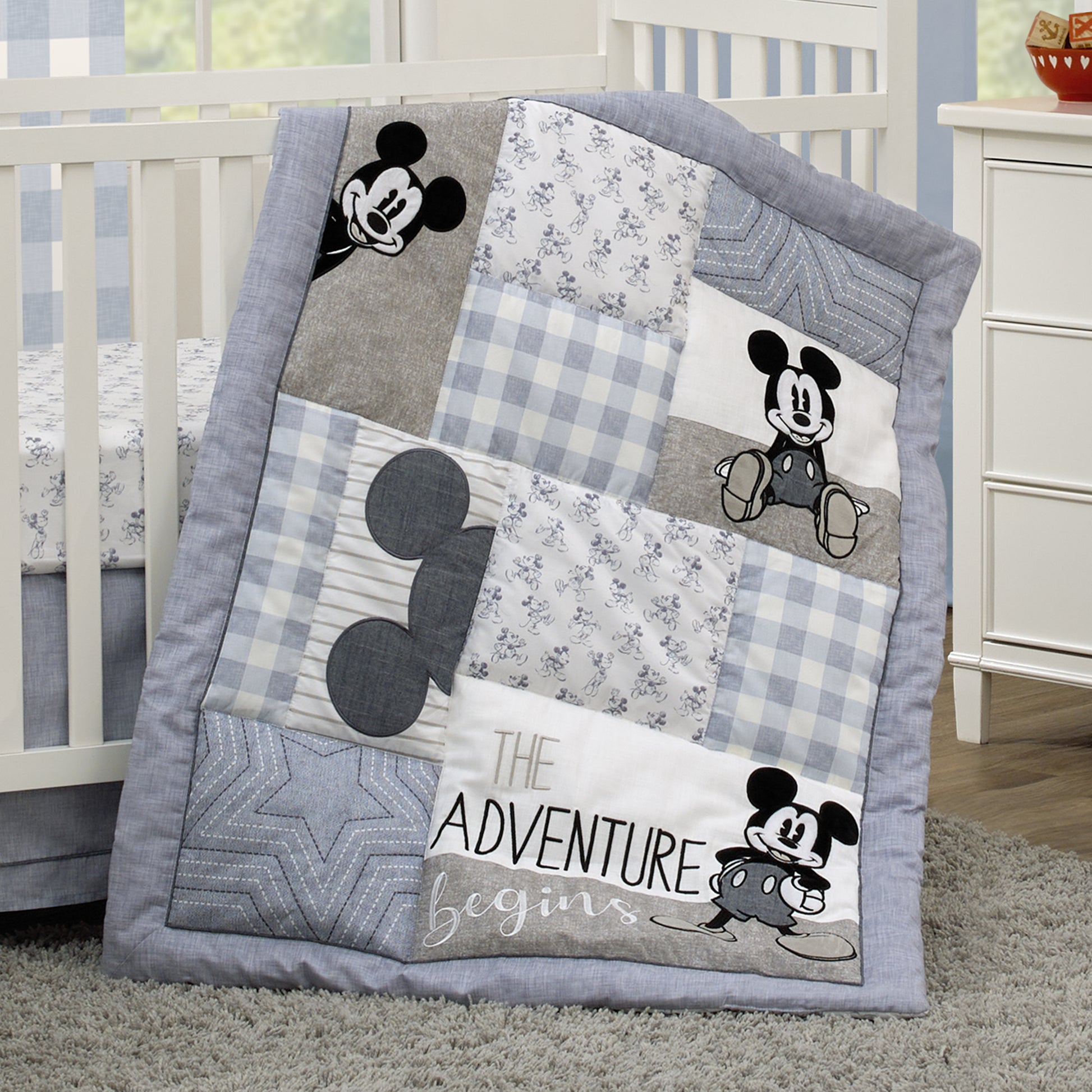 Disney Mickey Mouse - Call Me Mickey Blue, White, and Gray The Adventure Begins Stars and Gingham 3 Piece Nursery Crib Bedding Set - Comforter, 100% Cotton Fitted Crib Sheet, and Crib Skirt