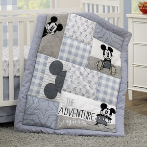 Disney Mickey Mouse - Call Me Mickey Blue, White, and Gray The Adventure Begins Stars and Gingham 3 Piece Nursery Crib Bedding Set - Comforter, 100% Cotton Fitted Crib Sheet, and Crib Skirt
