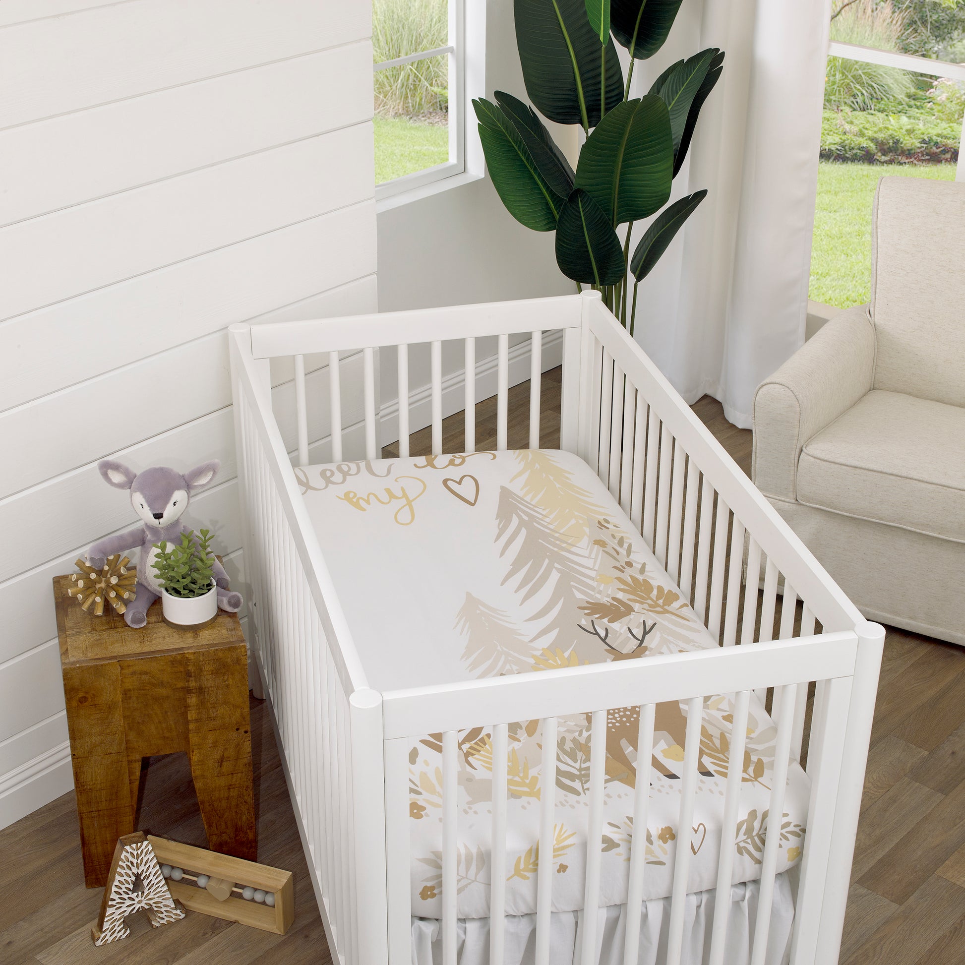 NoJo Deer To My Heart Tan, Brown and White Tree Leaf 100% Cotton Photo Op Fitted Crib Sheet