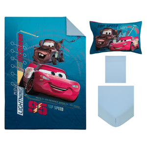 Disney Cars Piston Cup Circuit Blue, Red, and Yellow, Lightning McQueen and Mater 4 Piece Toddler Bed Set - Comforter, Fitted Bottom Sheet, Flat Top Sheet, and Reversible Pillowcase