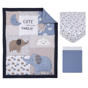 Carter's Blue Elephant - Chambray, Navy, Gray and White Elephant, Moon, Clouds and Stars 3 Piece Nursery Crib Bedding Set - Comforter, Fitted Crib Sheet and Crib Skirt