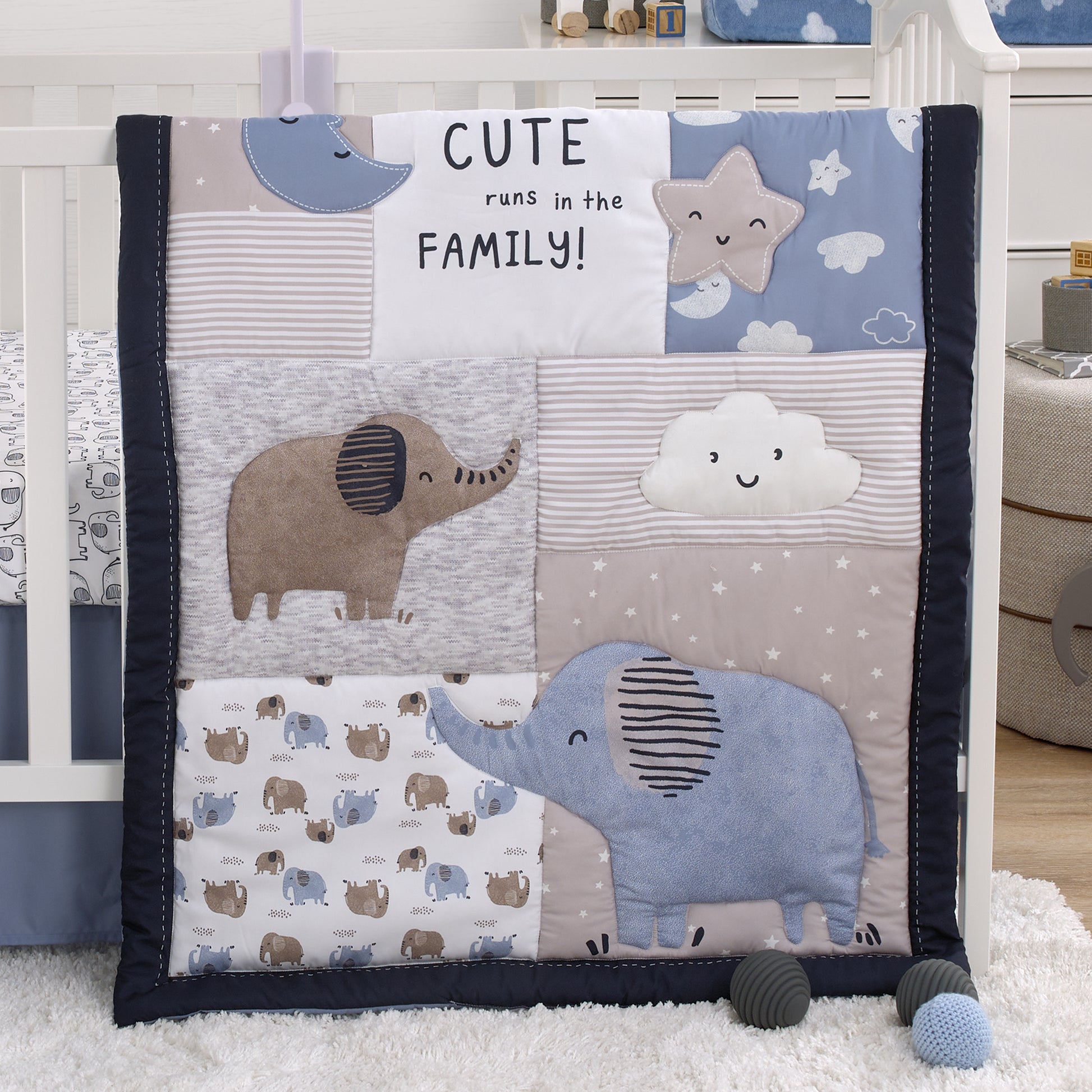 Carter's Blue Elephant - Chambray, Navy, Gray and White Elephant, Moon, Clouds and Stars 3 Piece Nursery Crib Bedding Set - Comforter, Fitted Crib Sheet and Crib Skirt