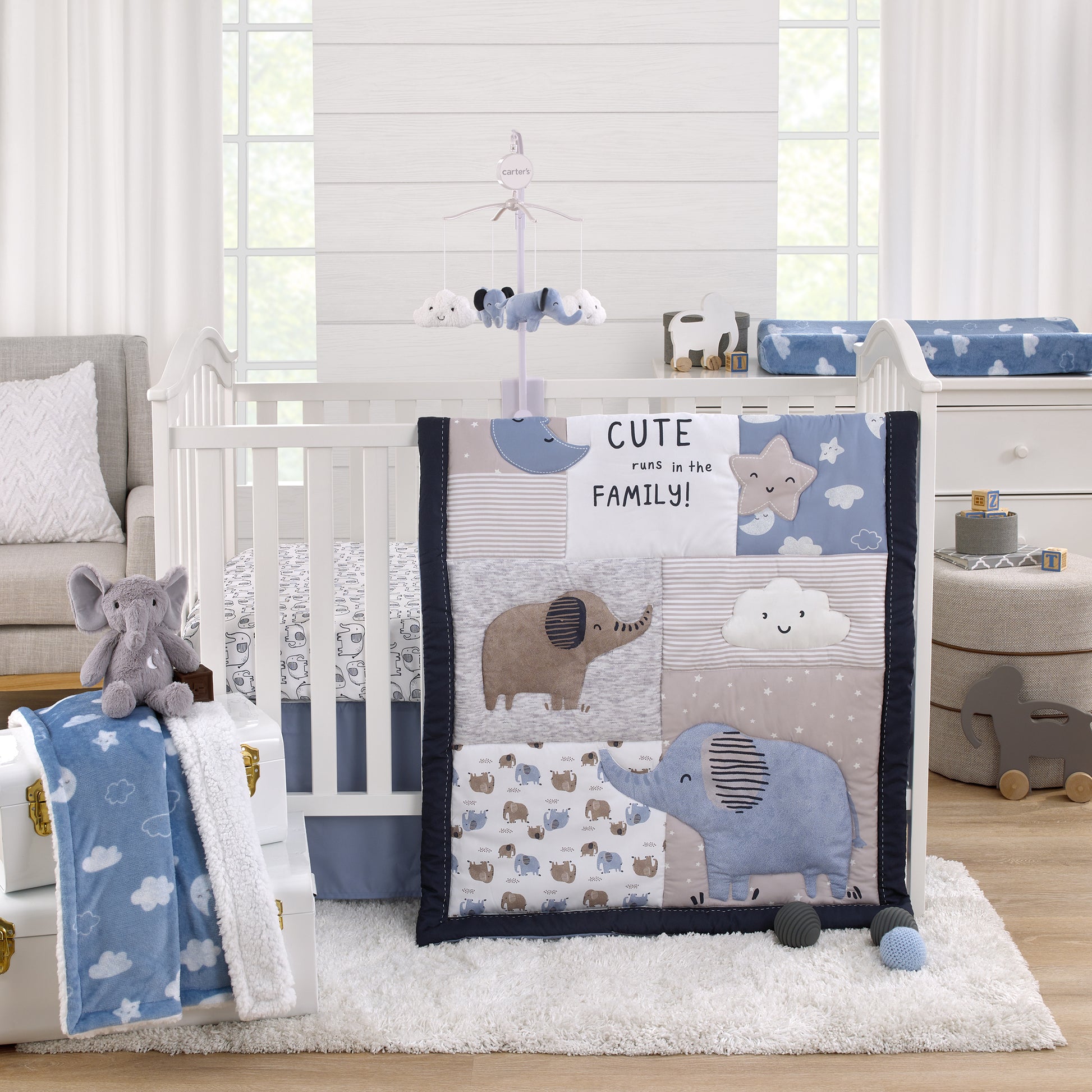 Carter's Blue Elephant - Chambray, Navy, Gray and White Elephant, Moon, Clouds and Stars 3 Piece Nursery Crib Bedding Set - Comforter, Fitted Crib Sheet and Crib Skirt