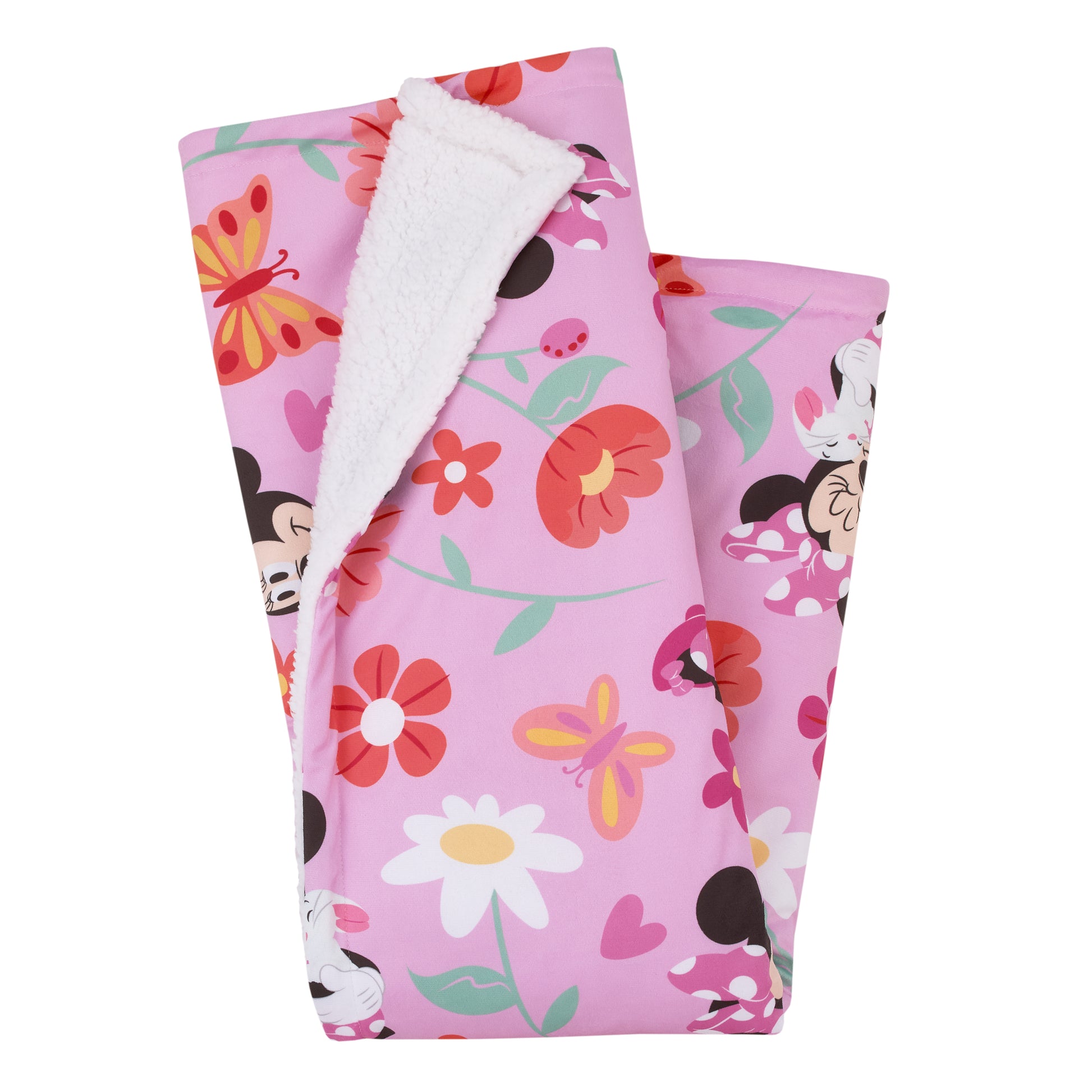 Disney Minnie Mouse Springtime Flowers Pink Orange, Green, and White Super Soft Sherpa Baby Blanket