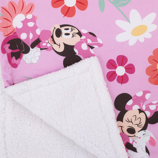Disney Minnie Mouse Springtime Flowers Pink Orange, Green, and White Super Soft Sherpa Baby Blanket