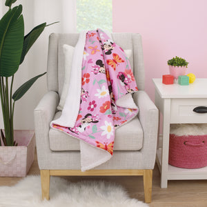 Disney Minnie Mouse Springtime Flowers Pink Orange, Green, and White Super Soft Sherpa Baby Blanket