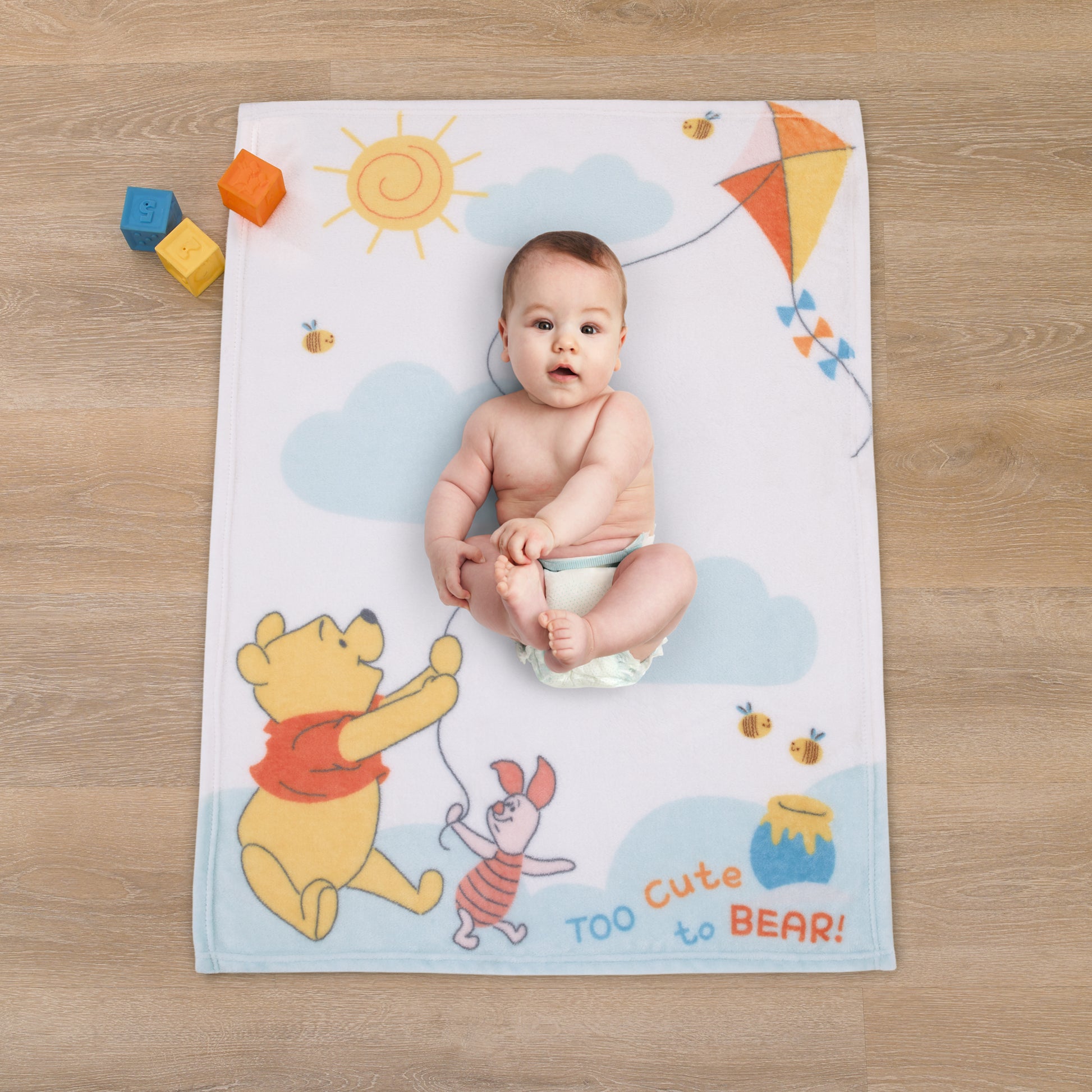 Disney Winnie the Pooh Too Cute to Bear Aqua, Yellow, and White Super Soft Photo Op Baby Blanket