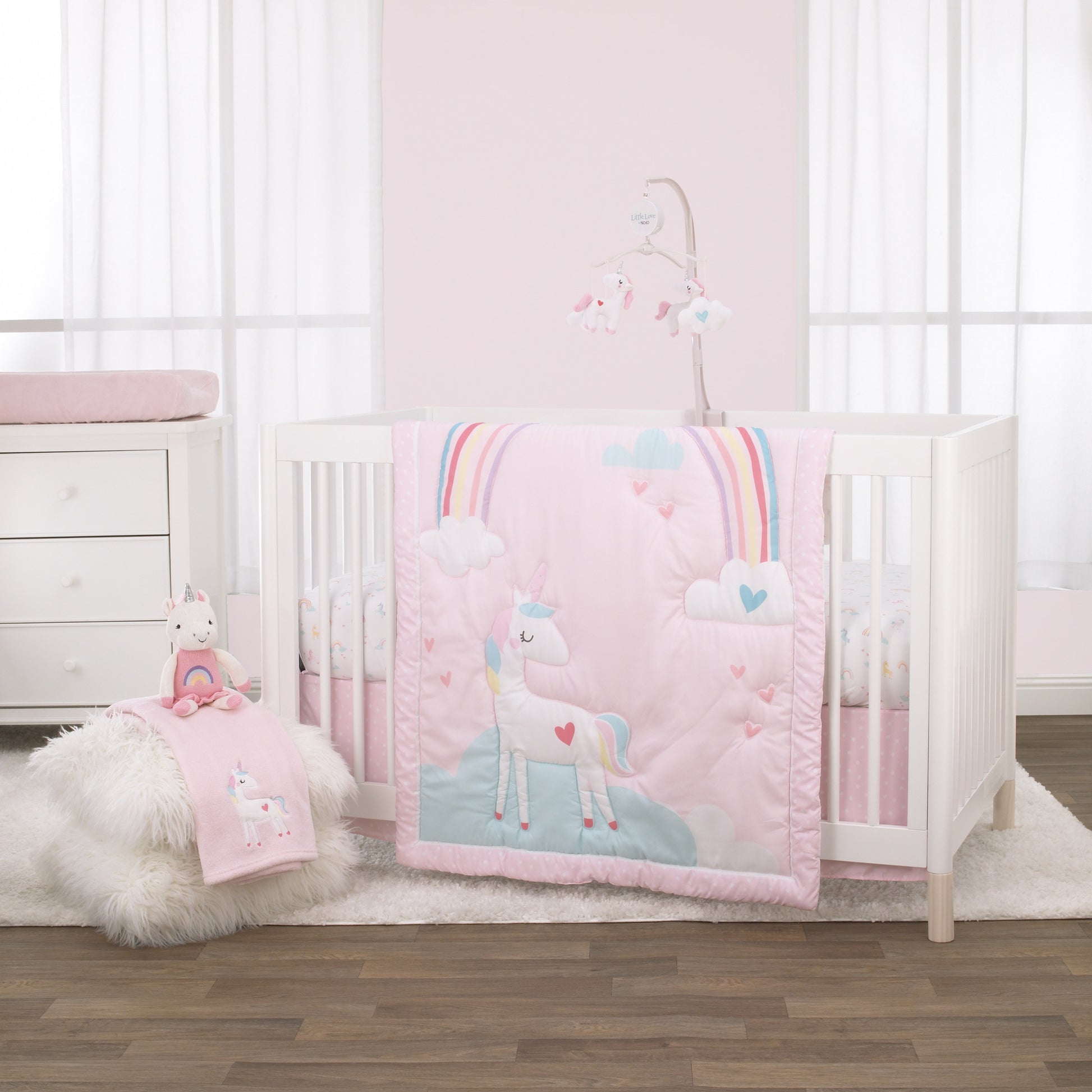 Little Love by NoJo Rainbow Unicorn Pink, Aqua, Yellow and White Fitted Crib Sheet