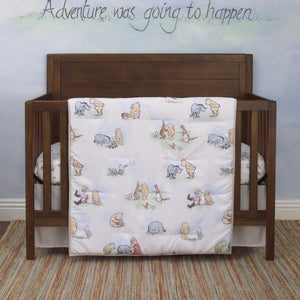 Disney Winnie the Pooh Classic Pooh Ivory, Blue, Sage, Tan Storybook 6 Piece Nursery Crib Bedding Set - Comforter, 2 Fitted Crib Sheets, Dust Ruffle, Baby Blanket, Changing Pad Cover