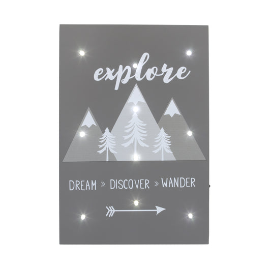 Little Love by NoJo Grey, White, Charcoal Mountains "Explore, Dream, Discover, Wander" Lighted Wall DeÂ©cor