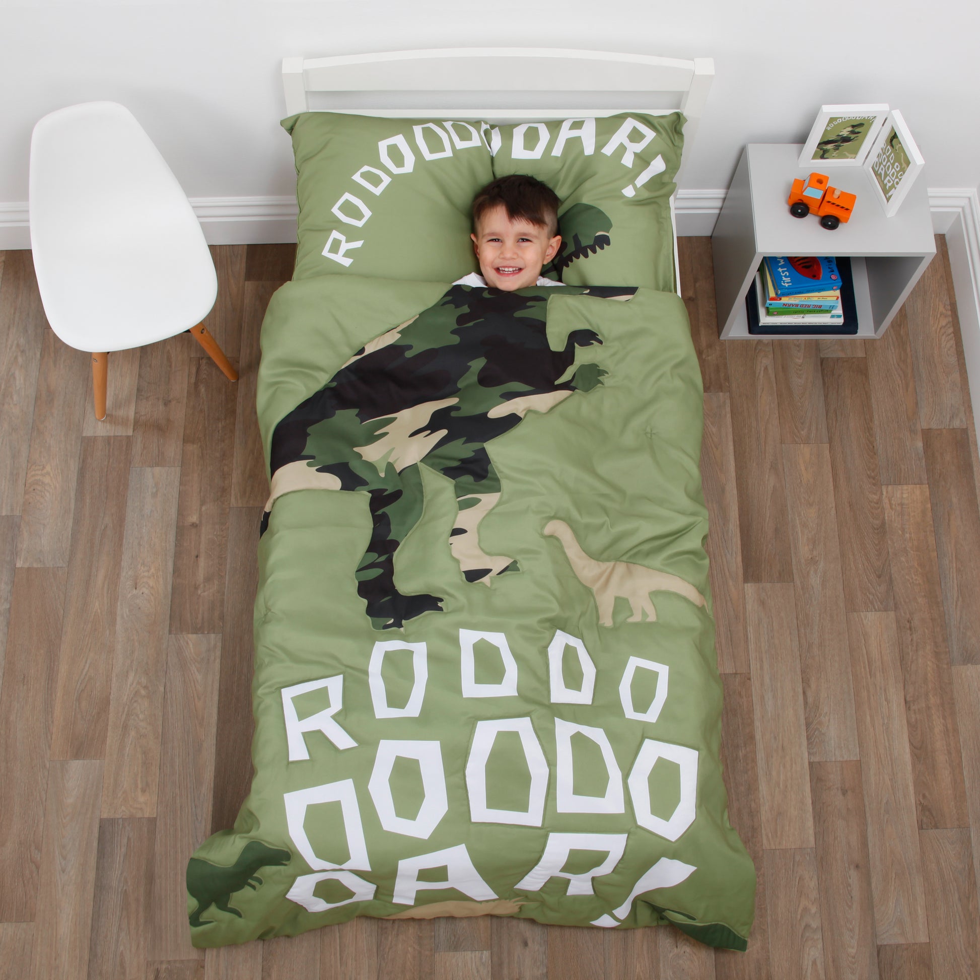 Everything Kids Dinosaur Green Camouflage 4 Piece Toddler Bed Set - Comforter, Fitted Bottom Sheet, Flat Top Sheet, Standard Size Pillowcase