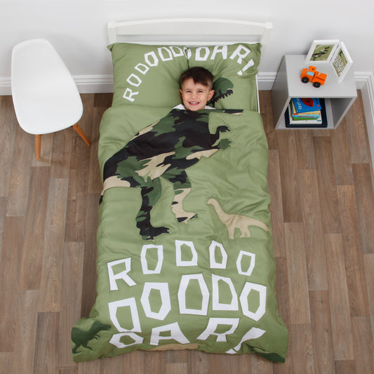Everything Kids Dinosaur Green Camouflage 4 Piece Toddler Bed Set - Comforter, Fitted Bottom Sheet, Flat Top Sheet, Standard Size Pillowcase