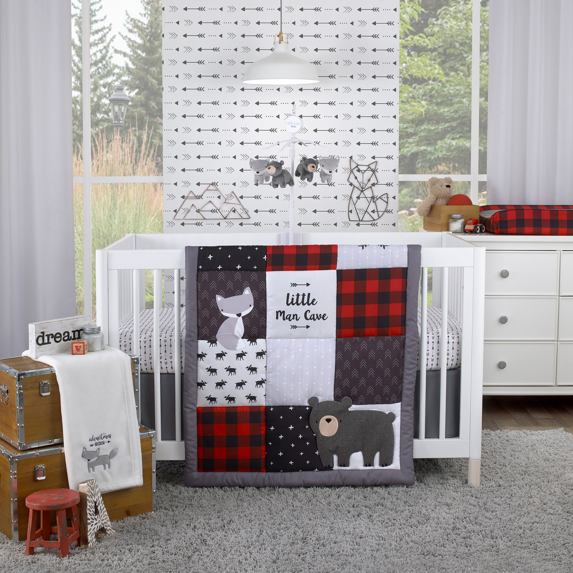 Little Love by NoJo Little Man Cave Grey, Red, Black and Ivory, Bear, Fox, Moose, Buffalo Check and Arrows Rustic 3 Piece Nursery Crib Bedding Set - Comforter, Fitted Crib Sheet and Crib Skirt