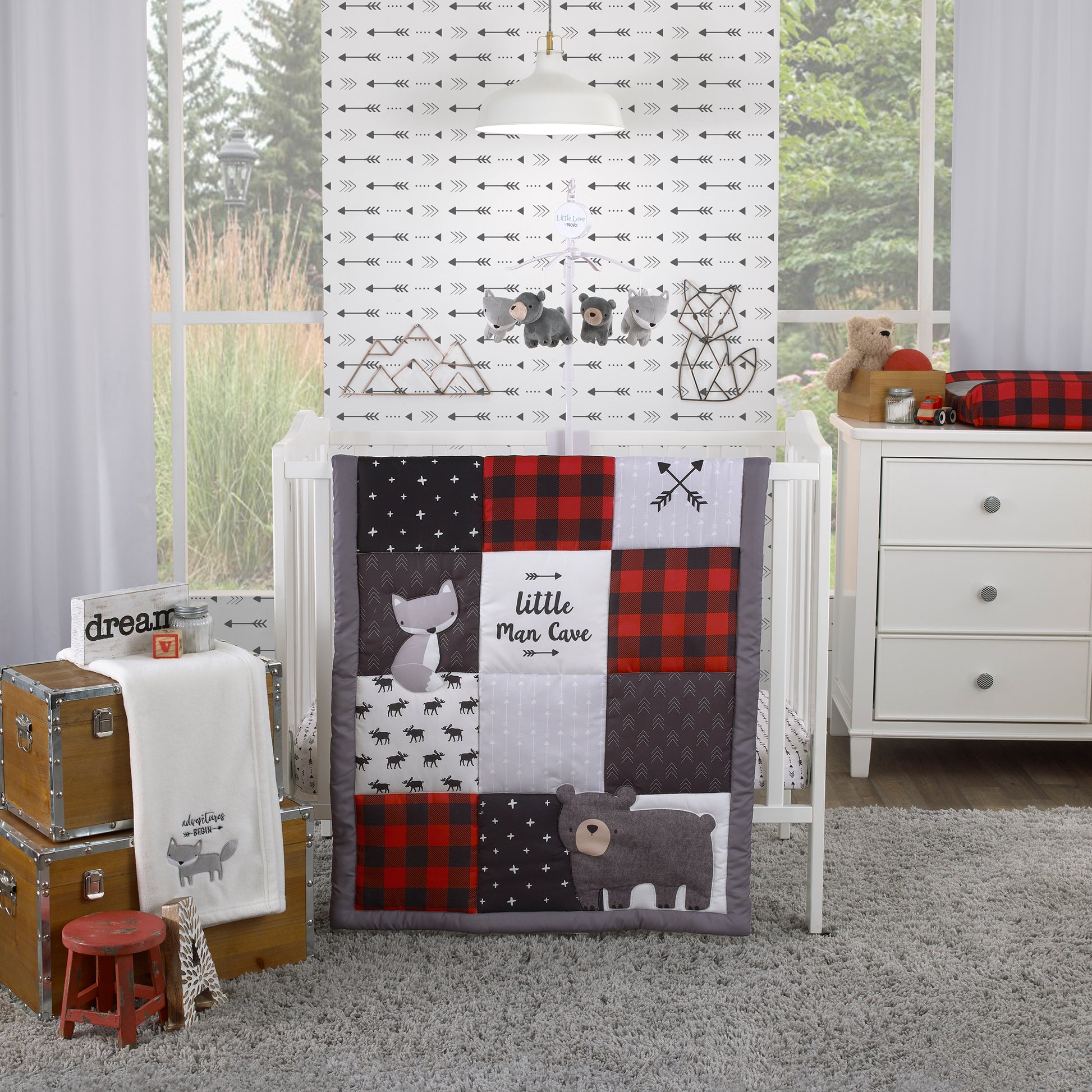 Little Love by NoJo Little Man Cave Grey, Red, Black and Ivory, Bear, Fox, Moose, Buffalo Check and Arrows Rustic 3 Piece Nursery Mini Crib Set - Comforter and Two Fitted Mini Crib Sheets