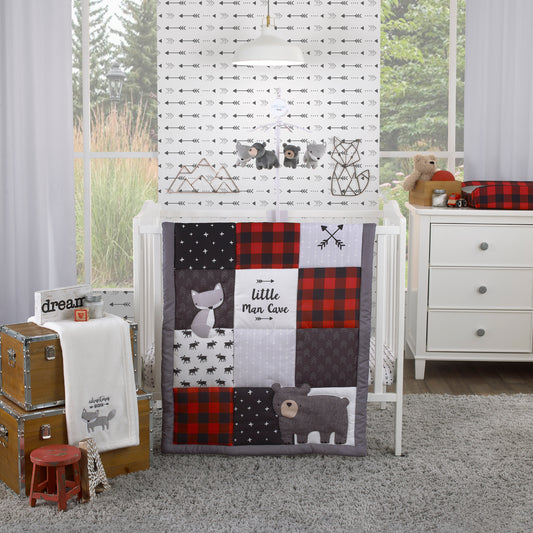 Little Love by NoJo Little Man Cave Grey, Red, Black and Ivory, Bear, Fox, Moose, Buffalo Check and Arrows Rustic 3 Piece Nursery Mini Crib Set - Comforter and Two Fitted Mini Crib Sheets