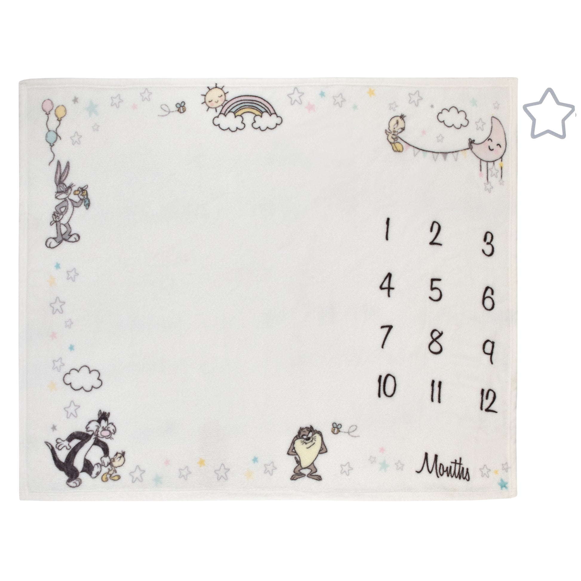 Warner Bros  Looney Tunes Best Buds White with Pastel Blue, Pink, and Yellow Bugs Bunny, Tweety, Tasmanian Devil, and Sylvester the Cat Milestone Blanket