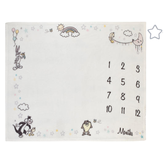 Warner Bros  Looney Tunes Best Buds White with Pastel Blue, Pink, and Yellow Bugs Bunny, Tweety, Tasmanian Devil, and Sylvester the Cat Milestone Blanket