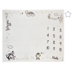 Warner Bros  Looney Tunes Best Buds White with Pastel Blue, Pink, and Yellow Bugs Bunny, Tweety, Tasmanian Devil, and Sylvester the Cat Milestone Blanket