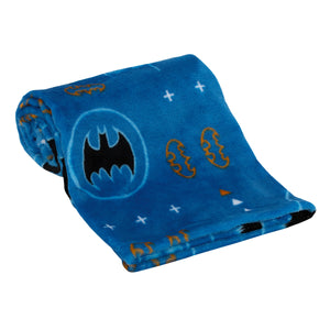 Warner Bros  Batman Blue, Orange, and White with Icons, Emblems, and Triangles Super Soft Baby Blanket