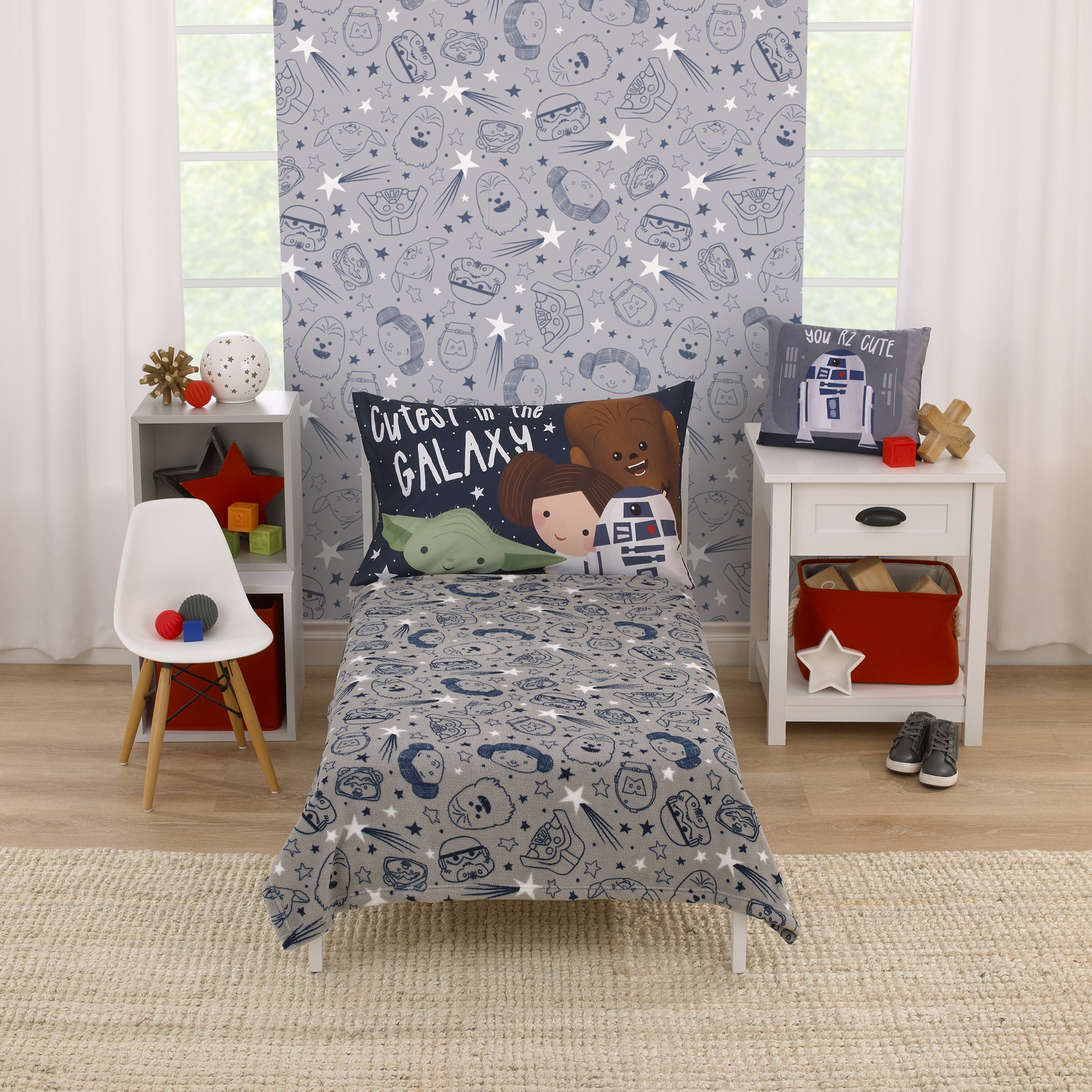 Star Wars Welcome to the Galaxy Navy and Gray Princess Leia, R2-D2, Chewbacca, and C-3PO Super Soft Toddler Blanket