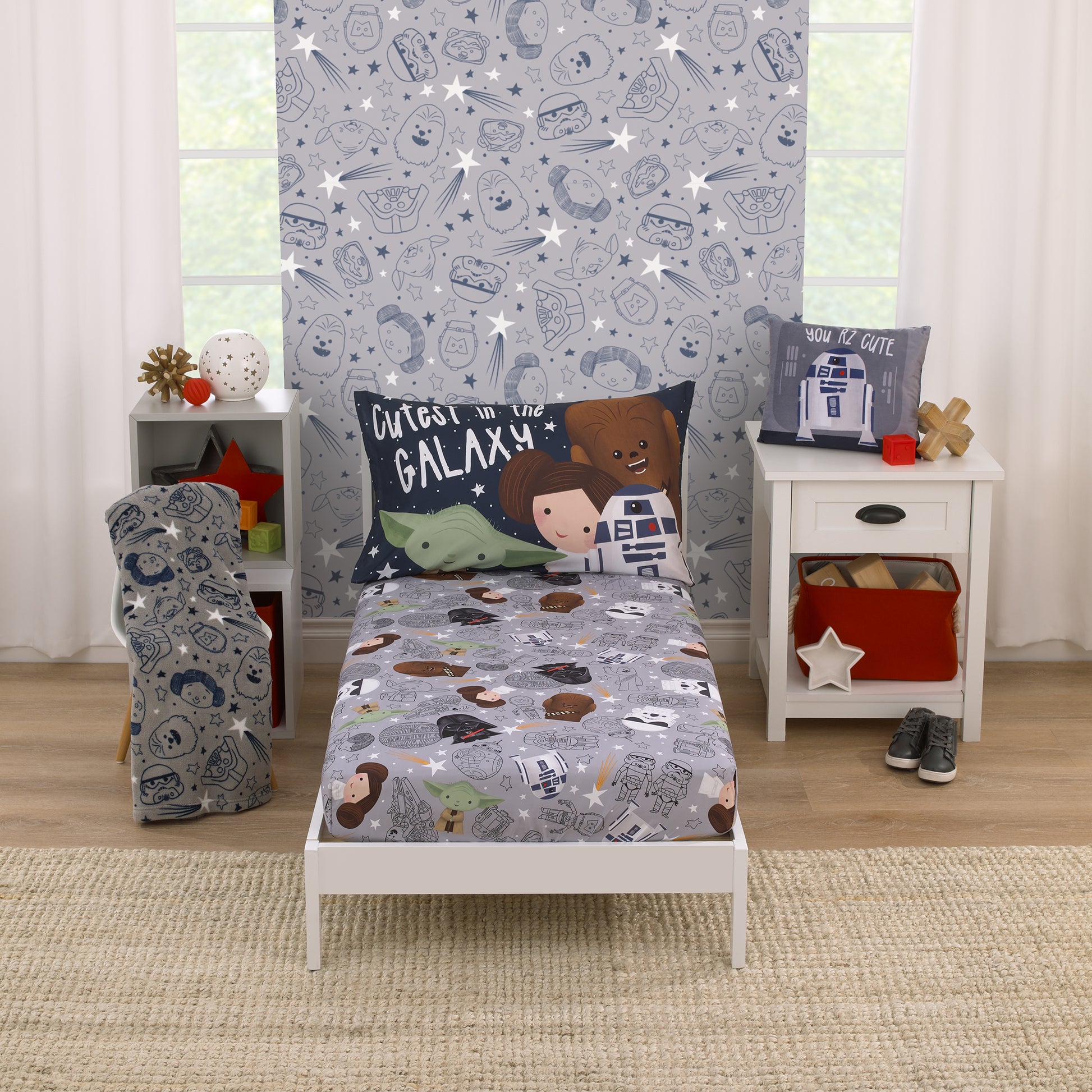 Star Wars Welcome to the Galaxy Navy and Gray Yoda, Princess Leia, R2-D2, and Chewbacca 2 Piece Toddler Sheet Set - Fitted Bottom Sheet and Reversible Pillowcase