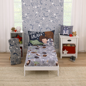 Star Wars Welcome to the Galaxy Navy and Gray Yoda, Princess Leia, R2-D2, and Chewbacca 2 Piece Toddler Sheet Set - Fitted Bottom Sheet and Reversible Pillowcase