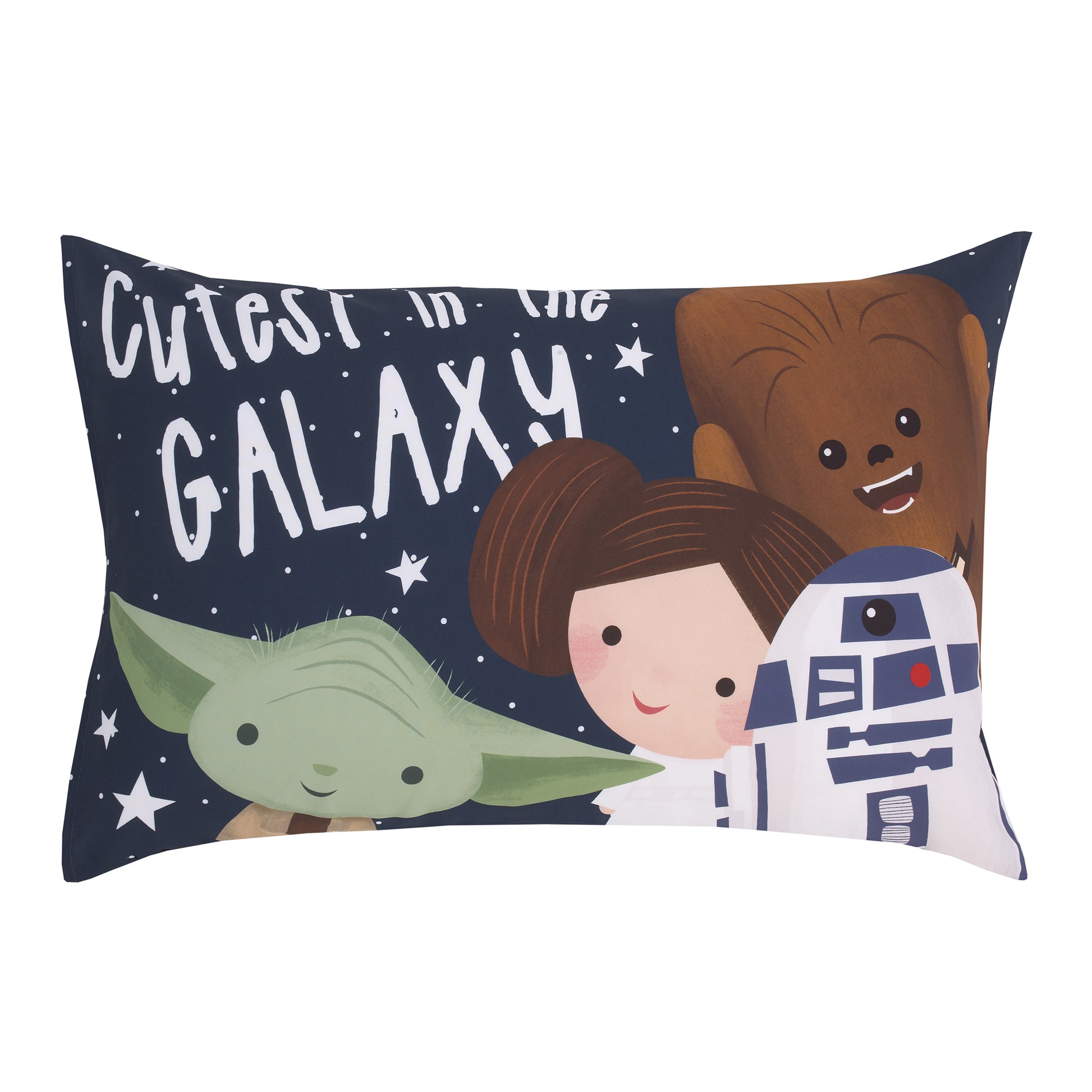 Star Wars Welcome to the Galaxy Navy and Gray Yoda, R2-D2, Chewbacca, and Princess Leia 4 Piece Toddler Bed Set - Comforter, Fitted Bottom Sheet, Flat Top Sheet, and Reversible Pillowcase
