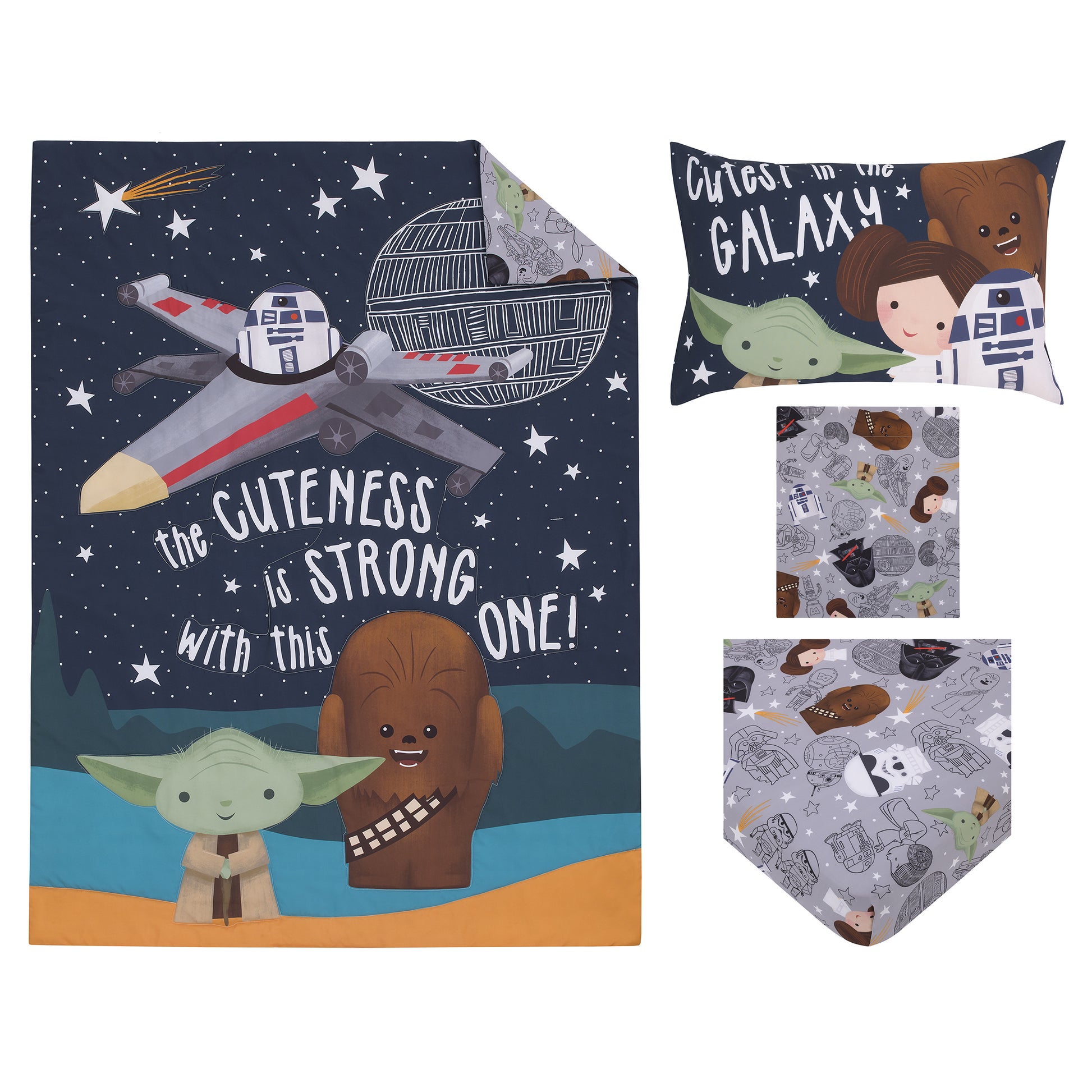 Star Wars Welcome to the Galaxy Navy and Gray Yoda, R2-D2, Chewbacca, and Princess Leia 4 Piece Toddler Bed Set - Comforter, Fitted Bottom Sheet, Flat Top Sheet, and Reversible Pillowcase