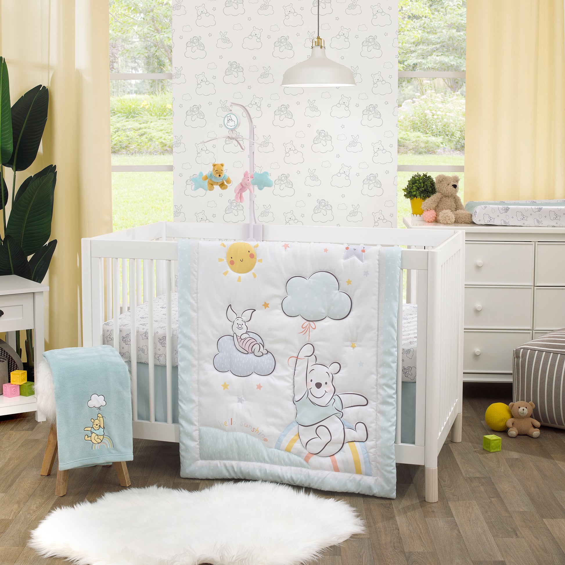 Disney Winnie the Pooh Hello Sunshine Multi-Colored Rainbow, Yellow Sun and Blue Clouds 3 Piece Nursery Crib Bedding Set - Comforter, Fitted Crib Sheet and Crib Skirt