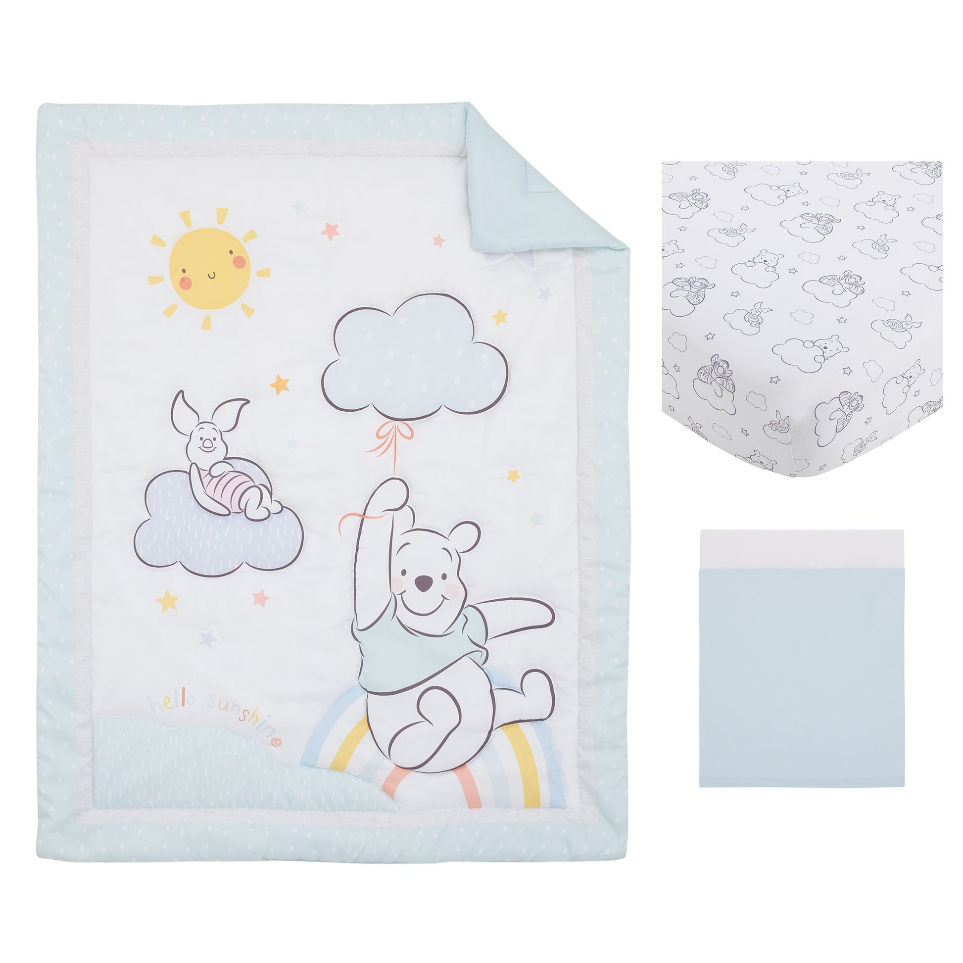 Disney Winnie the Pooh Hello Sunshine Multi-Colored Rainbow, Yellow Sun and Blue Clouds 3 Piece Nursery Crib Bedding Set - Comforter, Fitted Crib Sheet and Crib Skirt