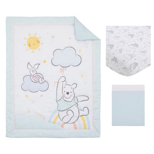 Disney Winnie the Pooh Hello Sunshine Multi-Colored Rainbow, Yellow Sun and Blue Clouds 3 Piece Nursery Crib Bedding Set - Comforter, Fitted Crib Sheet and Crib Skirt