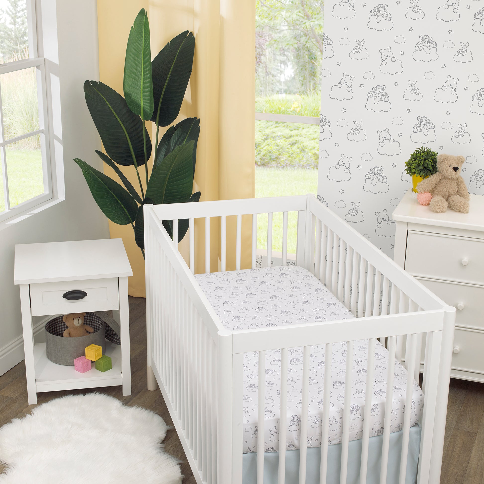 Disney Winnie the Pooh Hello Sunshine Multi-Colored Rainbow, Yellow Sun and Blue Clouds 3 Piece Nursery Crib Bedding Set - Comforter, Fitted Crib Sheet and Crib Skirt