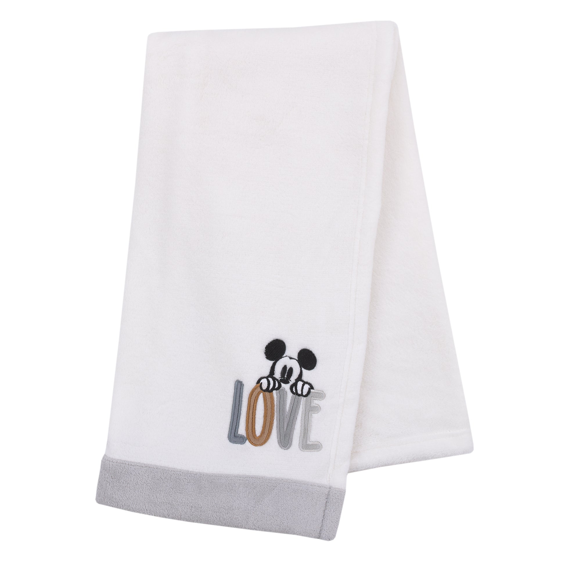 Disney Mickey Mouse Love Mickey White, Gray, and Tan Love Applique Super Soft Baby Blanket