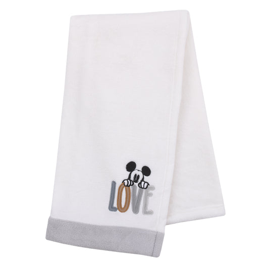 Disney Mickey Mouse Love Mickey White, Gray, and Tan Love Applique Super Soft Baby Blanket