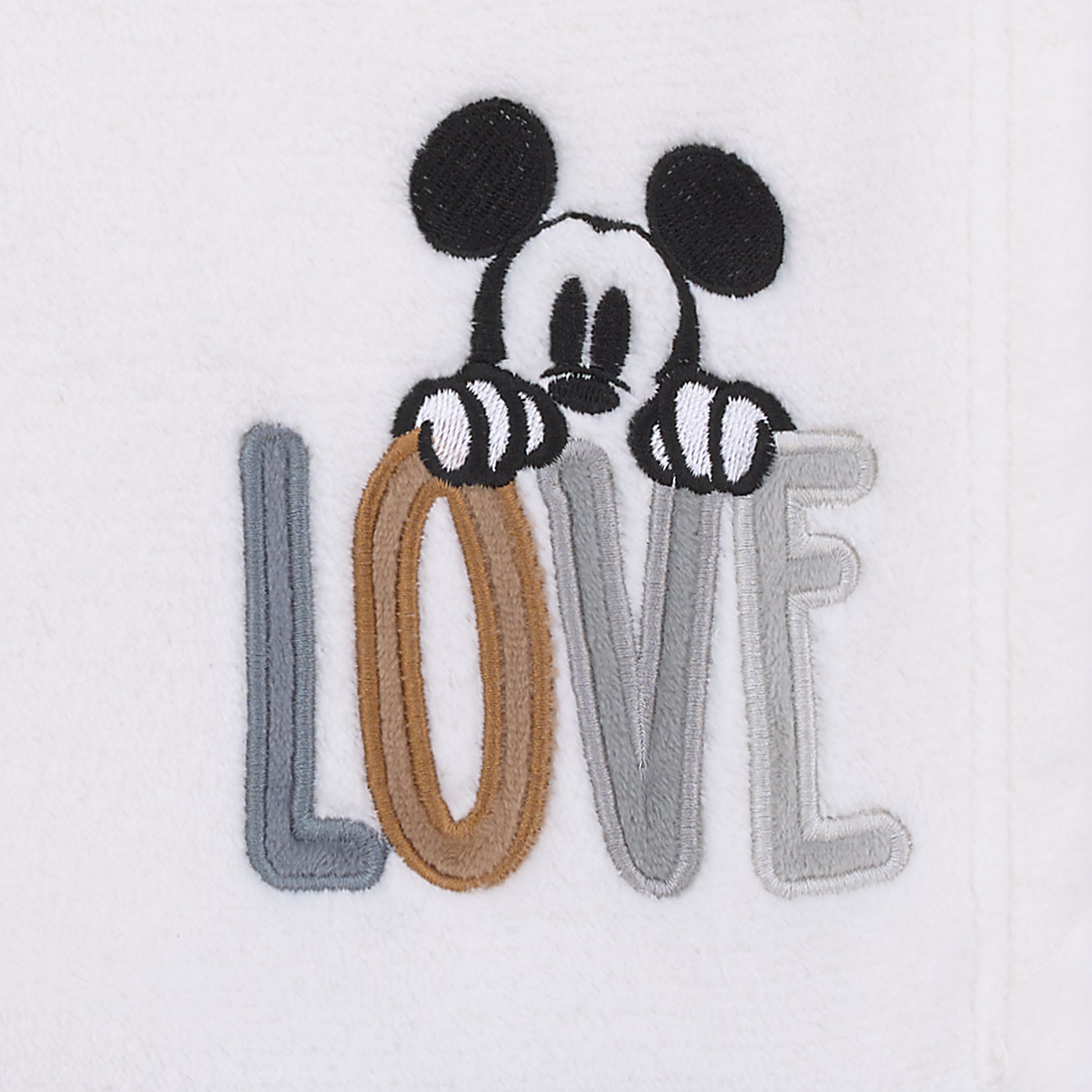 Disney Mickey Mouse Love Mickey White, Gray, and Tan Love Applique Super Soft Baby Blanket