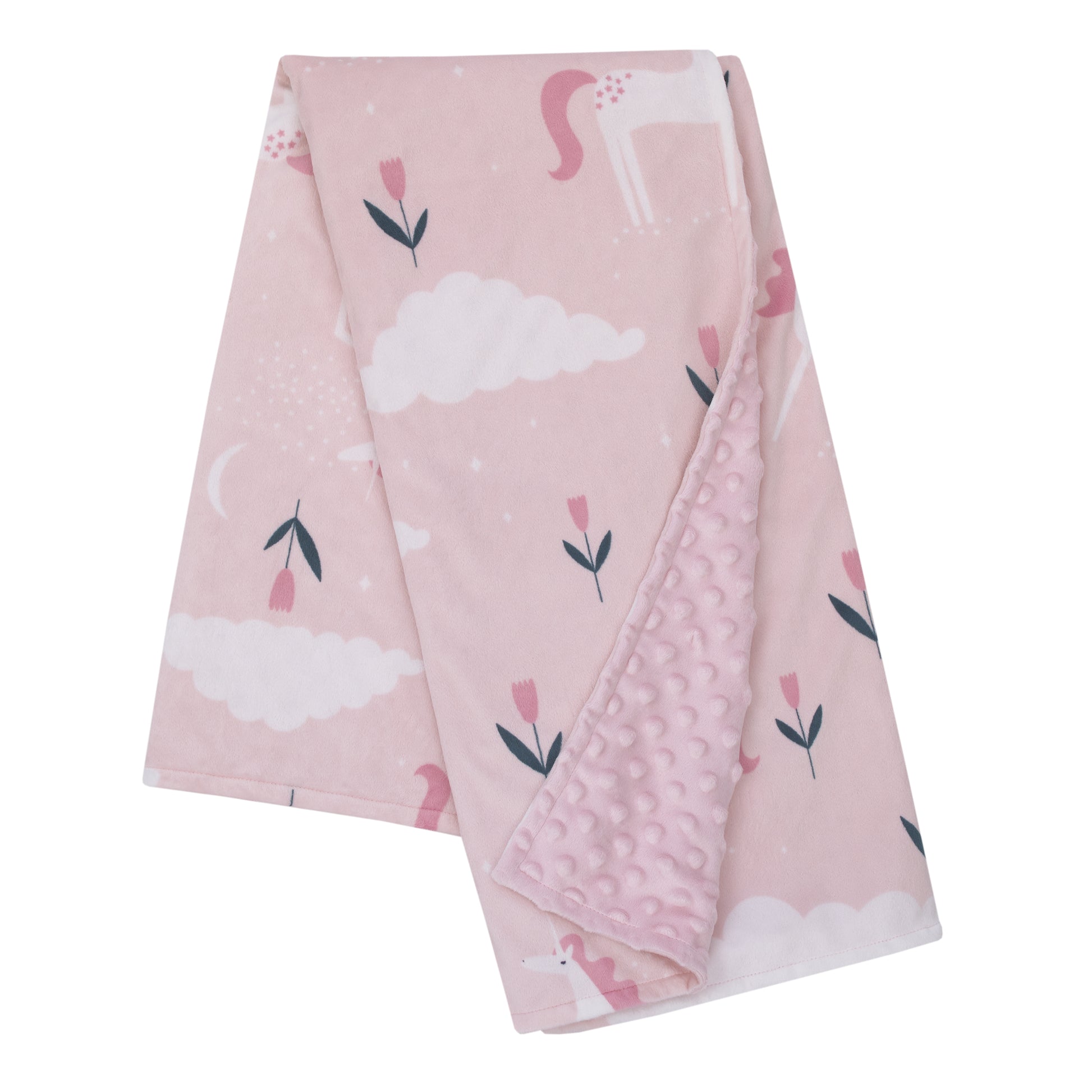 Little Love by NoJo Unicorn Pink, White, and Teal Clouds and Flowers Super Soft Baby Blanket
